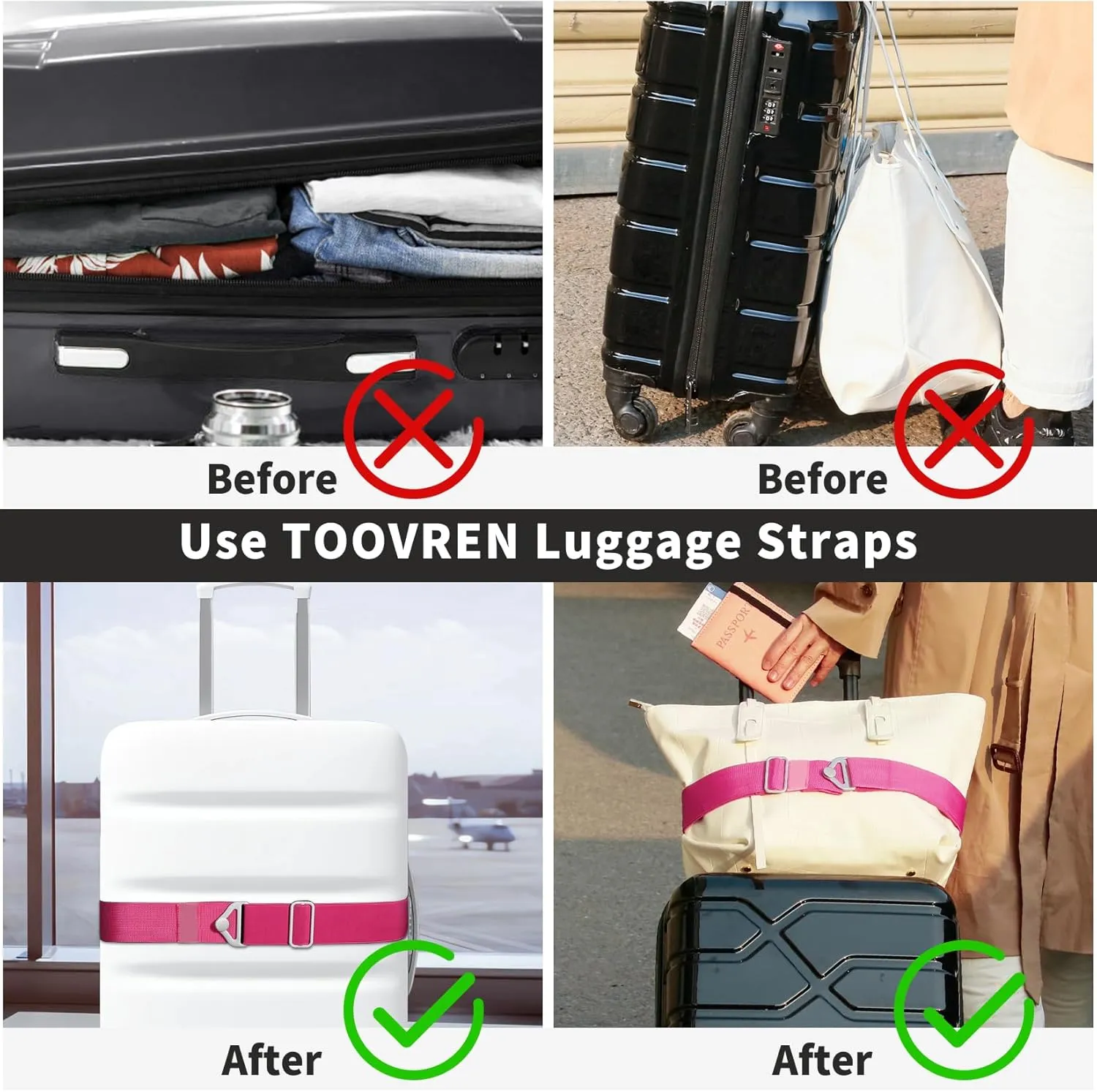 TOOVREN 2-in-1 Luggage Straps Add a Bag Bungees Travel Belt for Luggage Strap for Backpack Attachment Over Handle Carry On Bag Adjustable Elastic Suitcases Belt Travel Accessories Rose