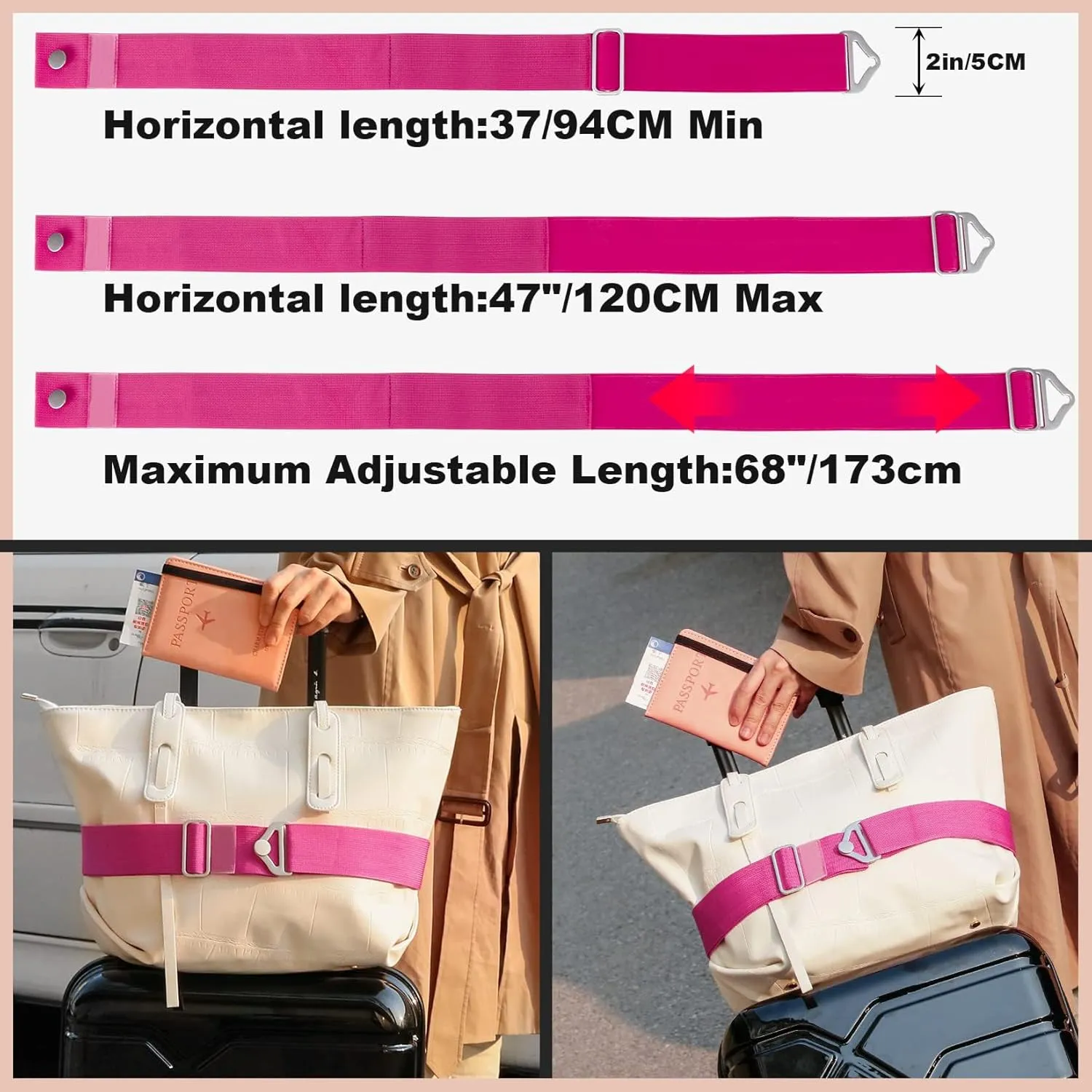 TOOVREN 2-in-1 Luggage Straps Add a Bag Bungees Travel Belt for Luggage Strap for Backpack Attachment Over Handle Carry On Bag Adjustable Elastic Suitcases Belt Travel Accessories Rose