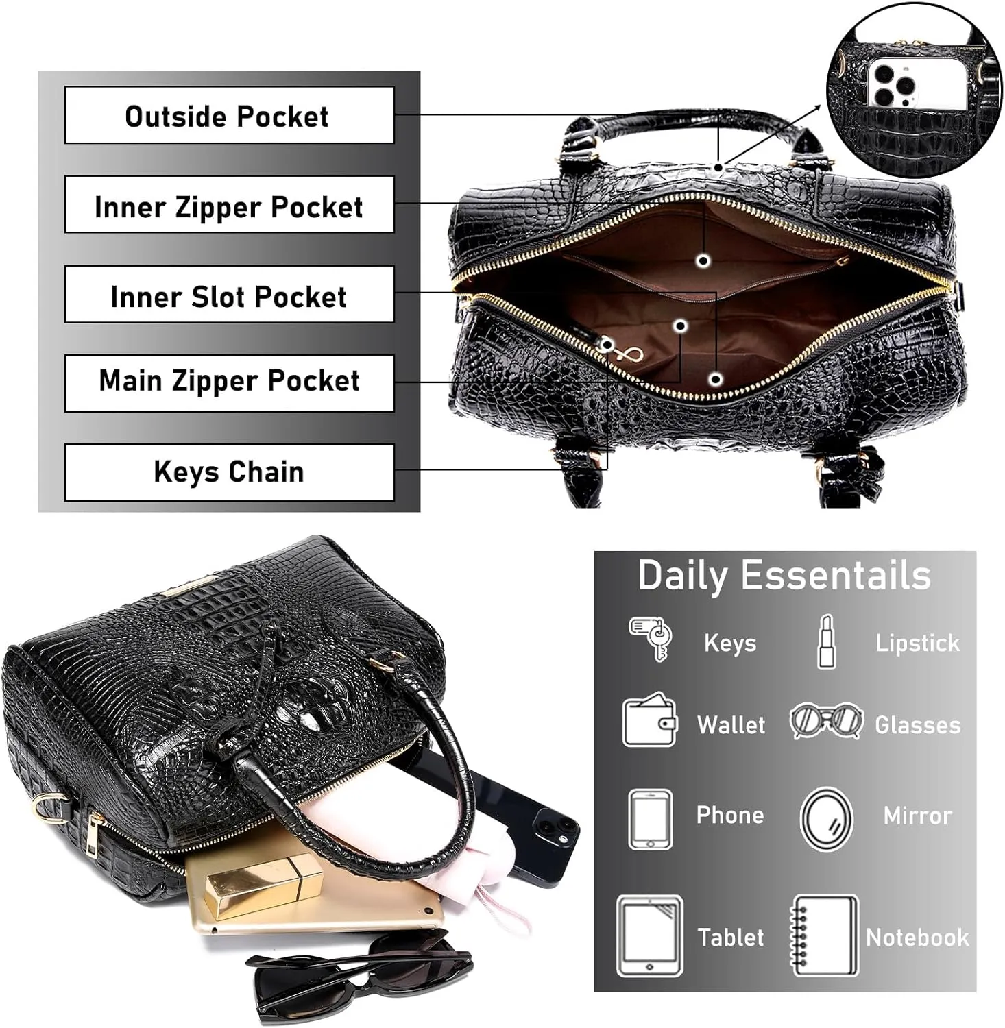 Top-Handle Crocodile Purses For Women Crossbody Leather Bags Trendy Large Capacity Tote with Shoulder Strap