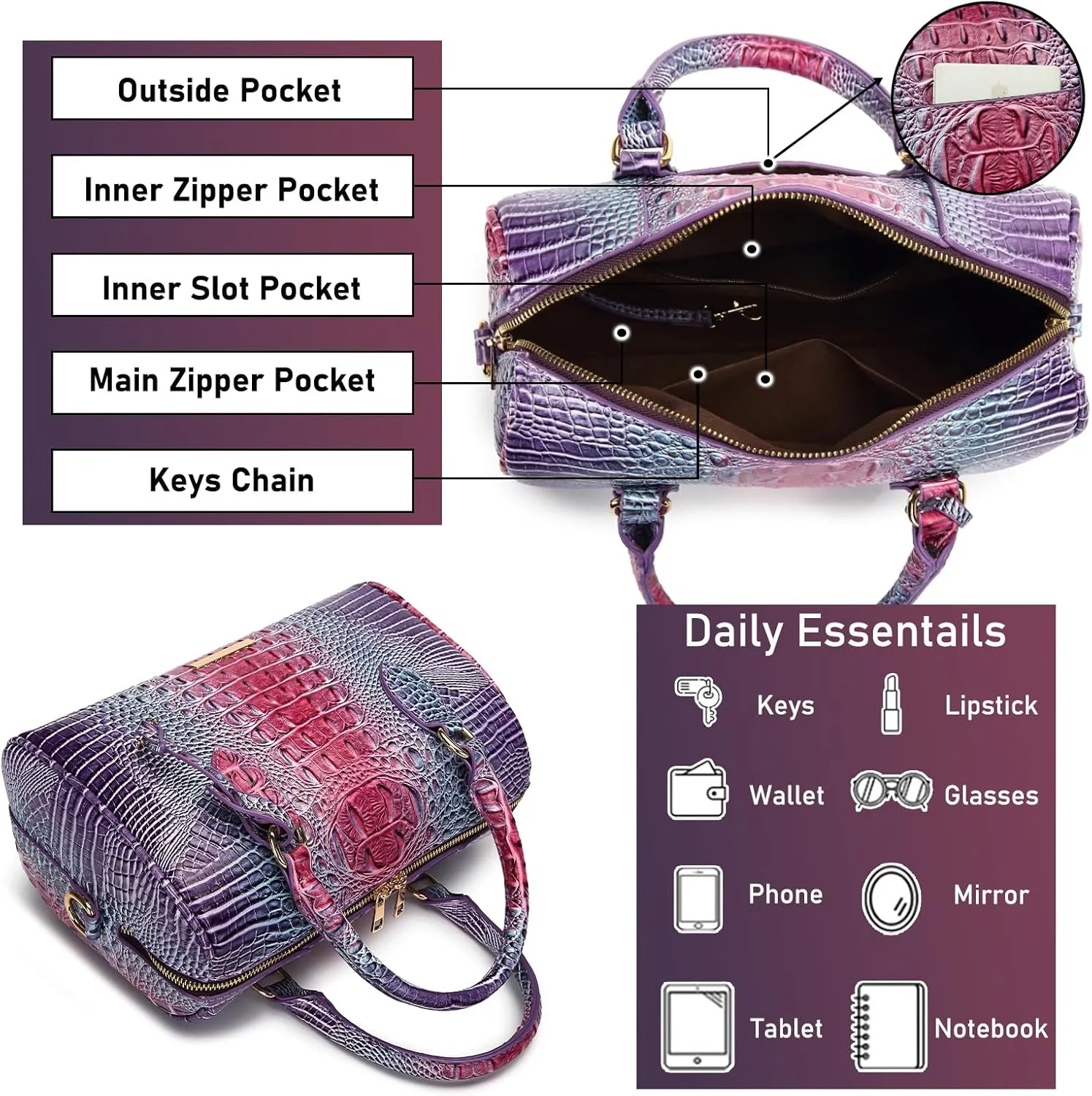 Top-Handle Crocodile Purses For Women Crossbody Leather Bags Trendy Large Capacity Tote with Shoulder Strap