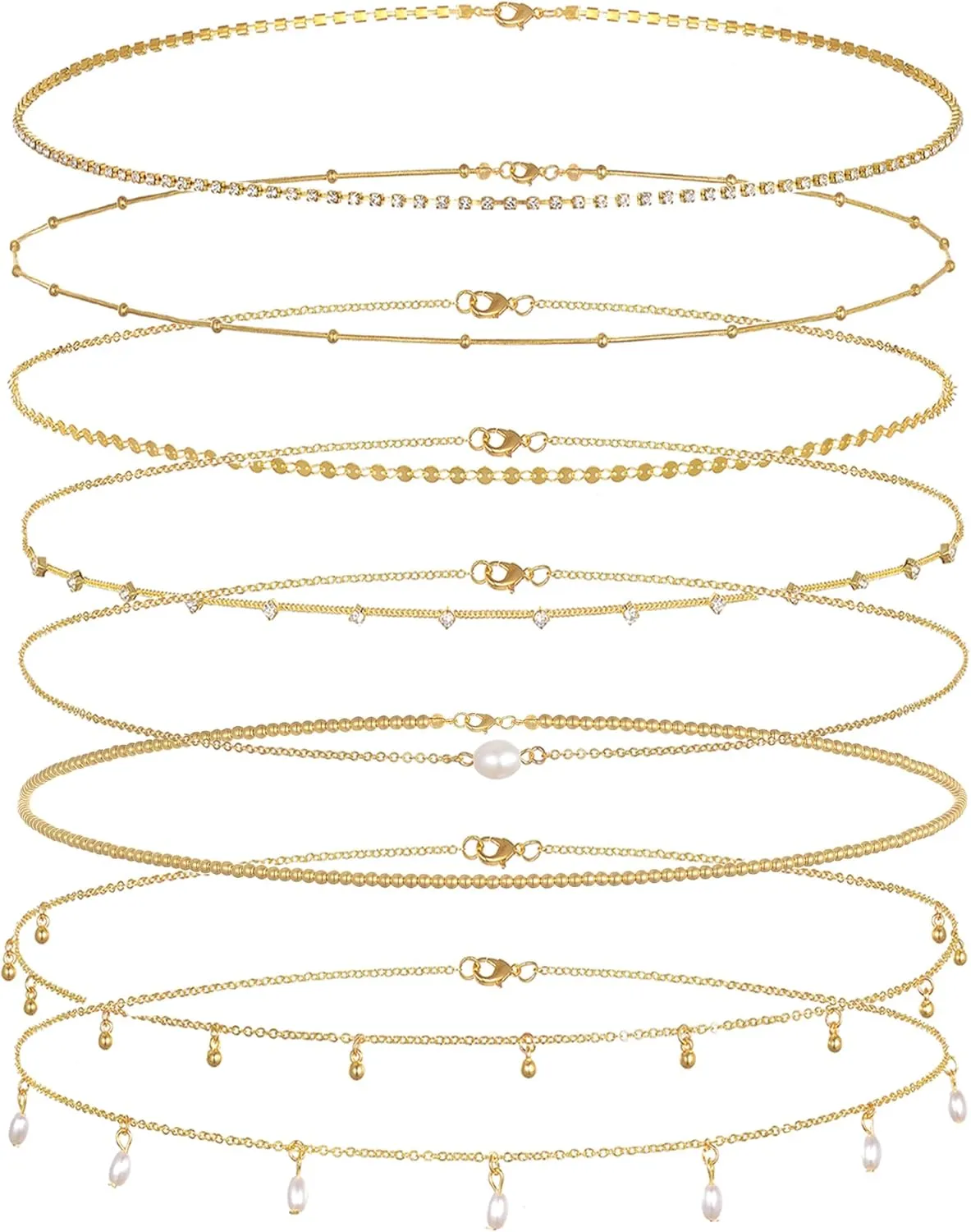 Tornito 8Pcs Waist Belly Chain 18K Gold Plated CZ Heart Pearl Snake Bead Sequin Paperclip Belly Chain Summer Beach Sexy Body Chains Jewelry Accessories for Women Adjustable
