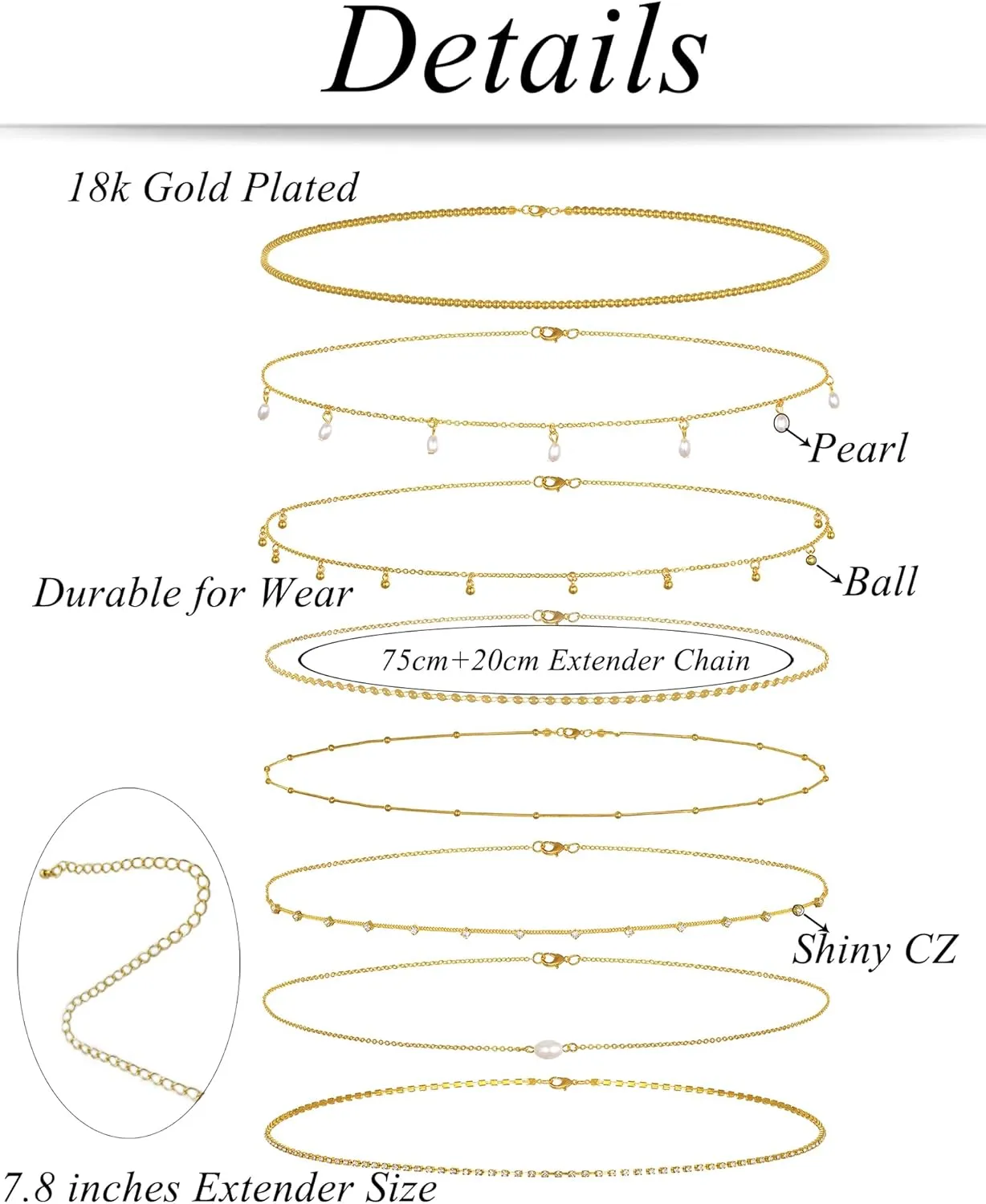 Tornito 8Pcs Waist Belly Chain 18K Gold Plated CZ Heart Pearl Snake Bead Sequin Paperclip Belly Chain Summer Beach Sexy Body Chains Jewelry Accessories for Women Adjustable
