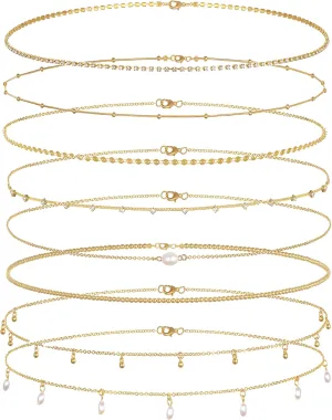 Tornito 8Pcs Waist Belly Chain 18K Gold Plated CZ Heart Pearl Snake Bead Sequin Paperclip Belly Chain Summer Beach Sexy Body Chains Jewelry Accessories for Women Adjustable
