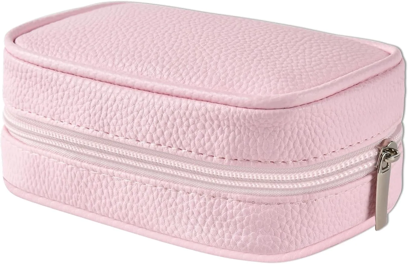 Travel Jewelry Organizer for Women, Small Pink Faux Leather Case with 6 Removable Zipper Pouches for Earrings, Rings, Necklaces, Bracelets, Compact Jewelry Storage Box for Purse or Suitcase