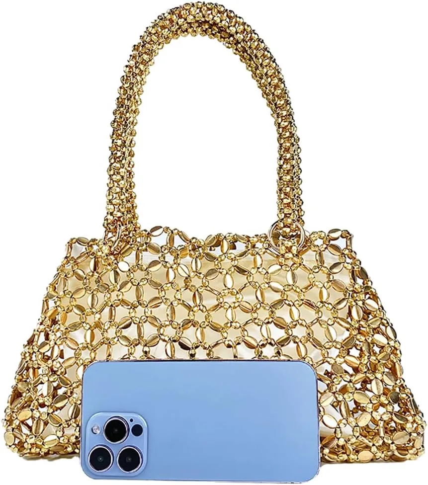 Trendy Women Acrylic Clutch Bag Hollow Out Metallic Tote Purse Shining Beaded Woven Evening Handbag for Prom Party