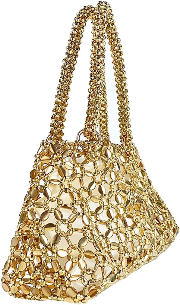 Trendy Women Acrylic Clutch Bag Hollow Out Metallic Tote Purse Shining Beaded Woven Evening Handbag for Prom Party