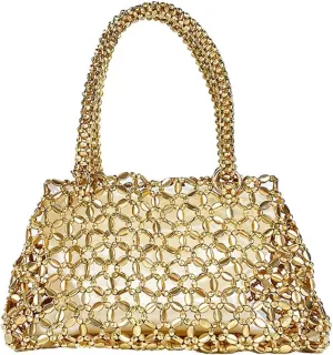 Trendy Women Acrylic Clutch Bag Hollow Out Metallic Tote Purse Shining Beaded Woven Evening Handbag for Prom Party