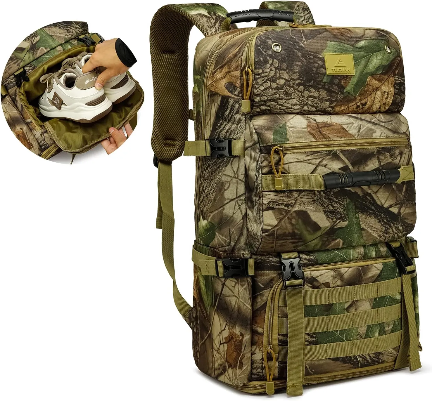TUGUAN 50/60L Travel Backpack, Camo Laptop Backpack for Men Large Capacity Military Tactical Hiking Backpack with Shoe Compartment Expandable Outdoor Canvas Rucksack for Travel Camping Climbing
