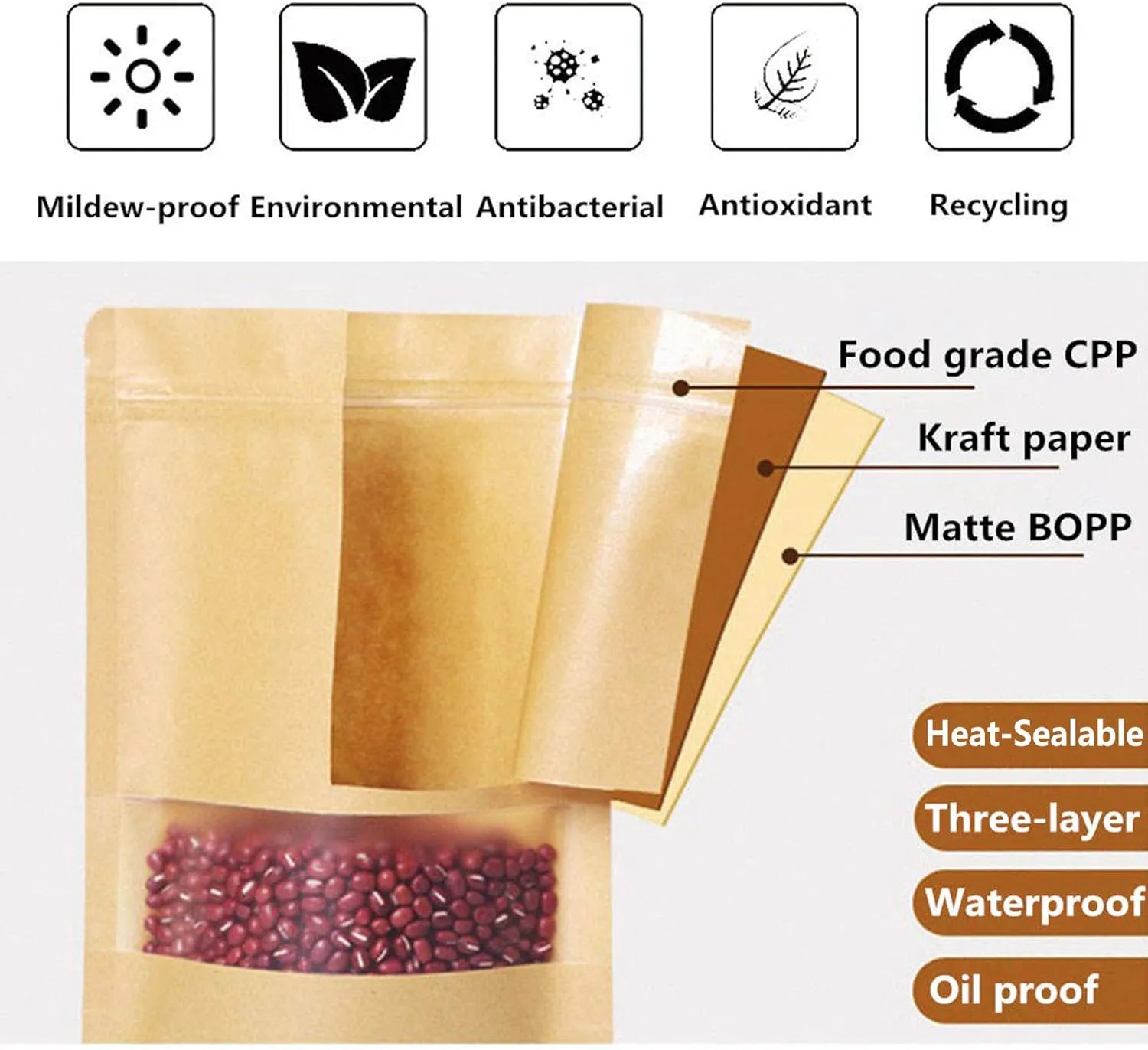 TYONMUJO 100pcs Kraft Bags with Window Zipper Lock Stand Up Bulk Pouches Resealable 6.2×8.6in
