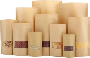 TYONMUJO 100pcs Kraft Bags with Window Zipper Lock Stand Up Bulk Pouches Resealable 6.2×8.6in