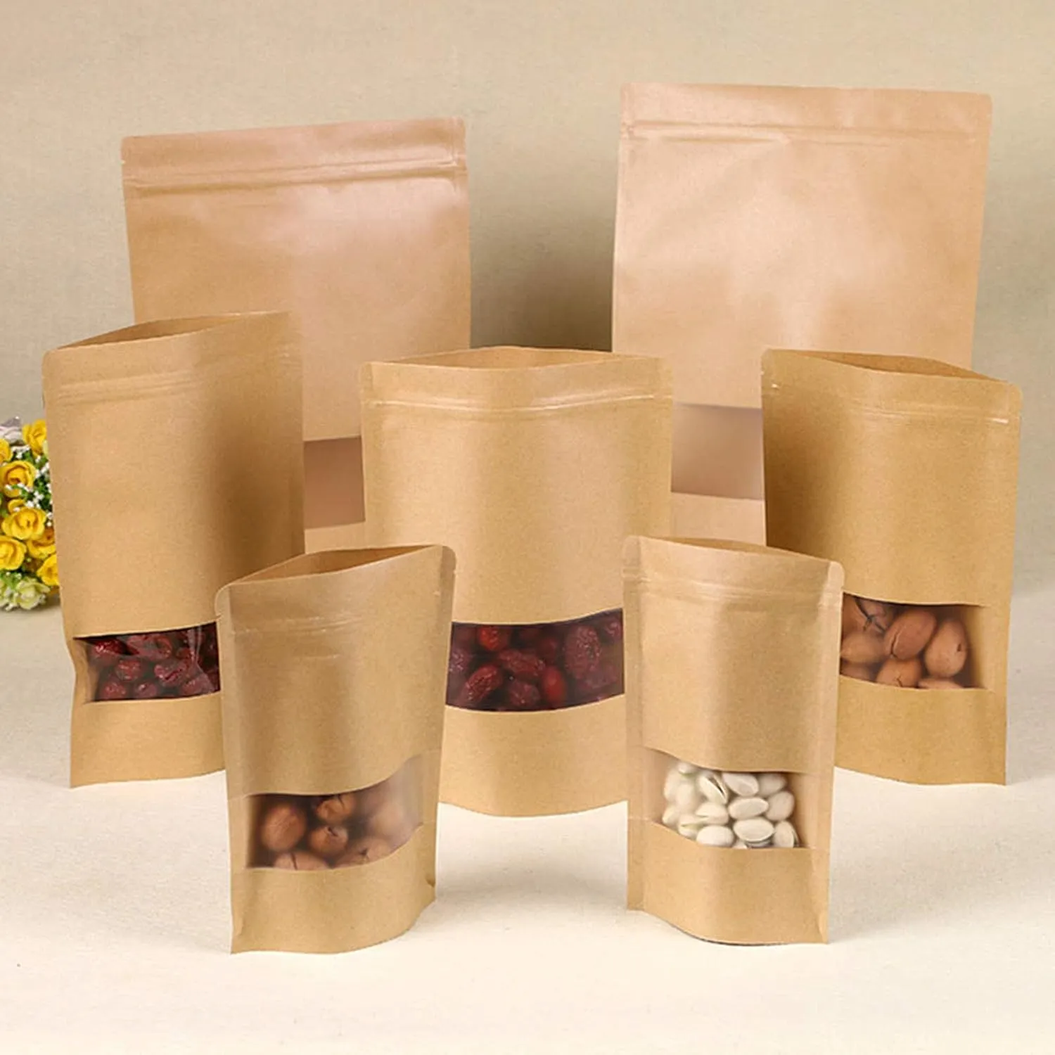 TYONMUJO 100pcs Kraft Bags with Window Zipper Lock Stand Up Bulk Pouches Resealable 6.2×8.6in