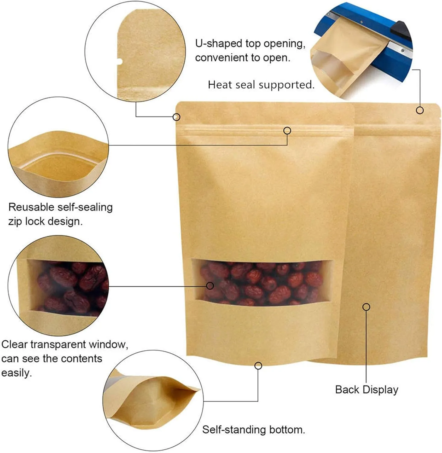 TYONMUJO 100pcs Kraft Bags with Window Zipper Lock Stand Up Bulk Pouches Resealable 6.2×8.6in