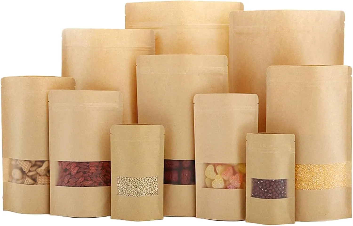 TYONMUJO 100pcs Kraft Bags with Window Zipper Lock Stand Up Bulk Pouches Resealable 6.2×8.6in