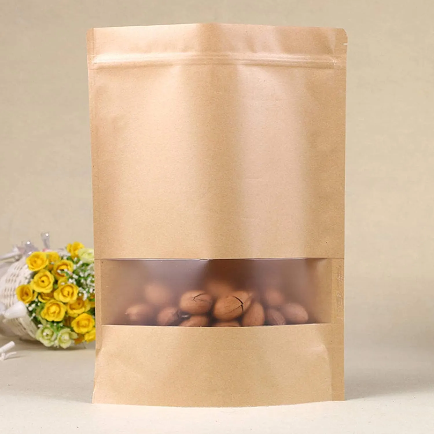 TYONMUJO 100pcs Kraft Bags with Window Zipper Lock Stand Up Bulk Pouches Resealable 6.2×8.6in