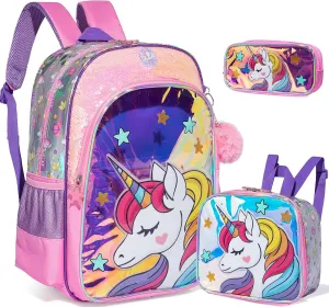 Unicorn Backpacks for Girls Kids School Cute Bookbag for Kindergarten Elementary Sequin School Backpack for Girls Lightweight School Bag with Lunch Box
