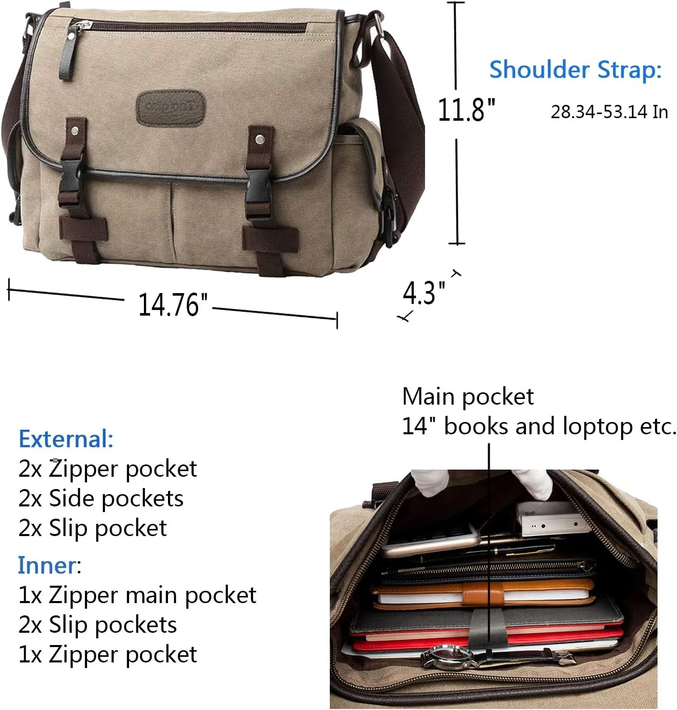 [Upgraded] Vintage Canvas Messenger Bag Large Book Laptop Shoulder Bag Women Men New