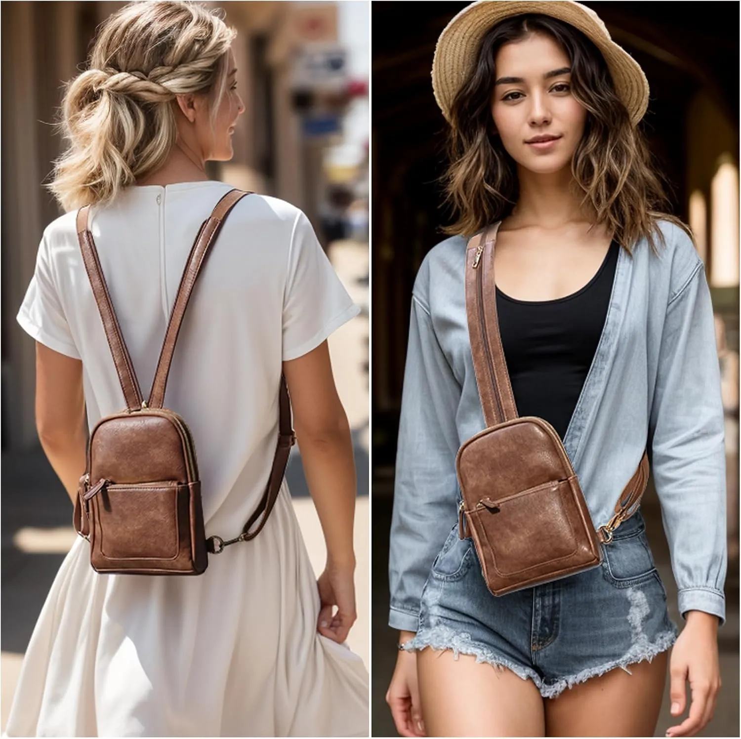UTO Sling Bag for Women Crossbody Trendy Chest Belt Bag Convertible Backpack Purse with Wide Shoulder Zip Straps