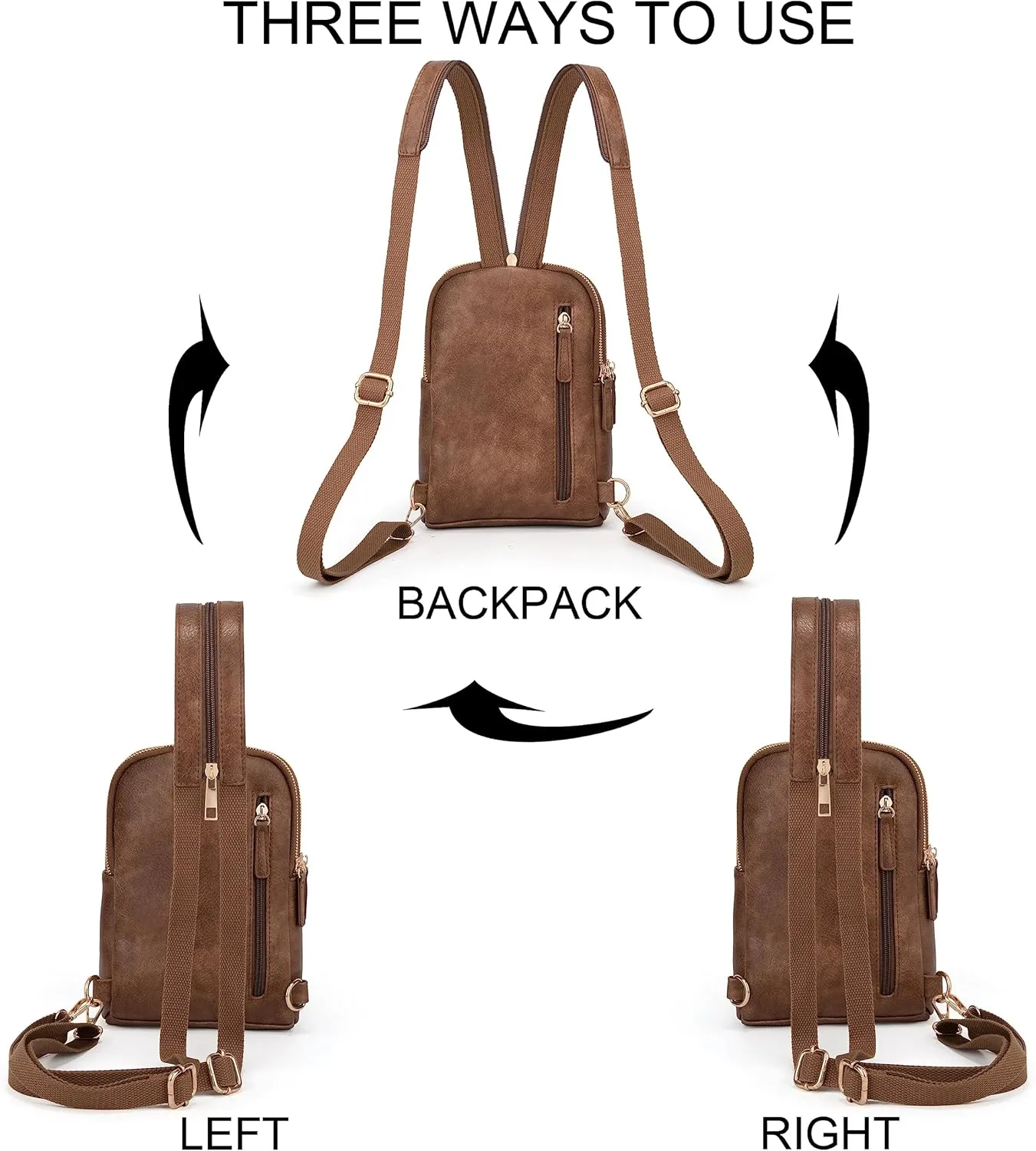 UTO Sling Bag for Women Crossbody Trendy Chest Belt Bag Convertible Backpack Purse with Wide Shoulder Zip Straps