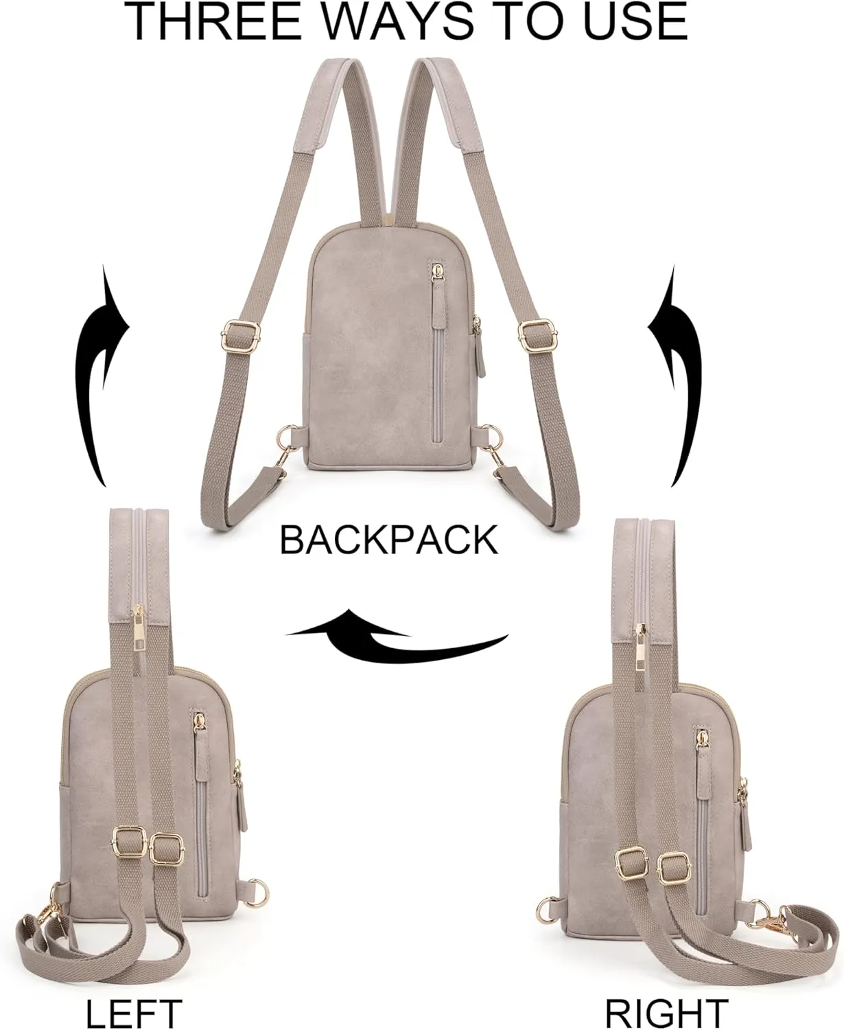 UTO Sling Bag for Women Crossbody Trendy Chest Belt Bag Convertible Backpack Purse with Wide Shoulder Zip Straps