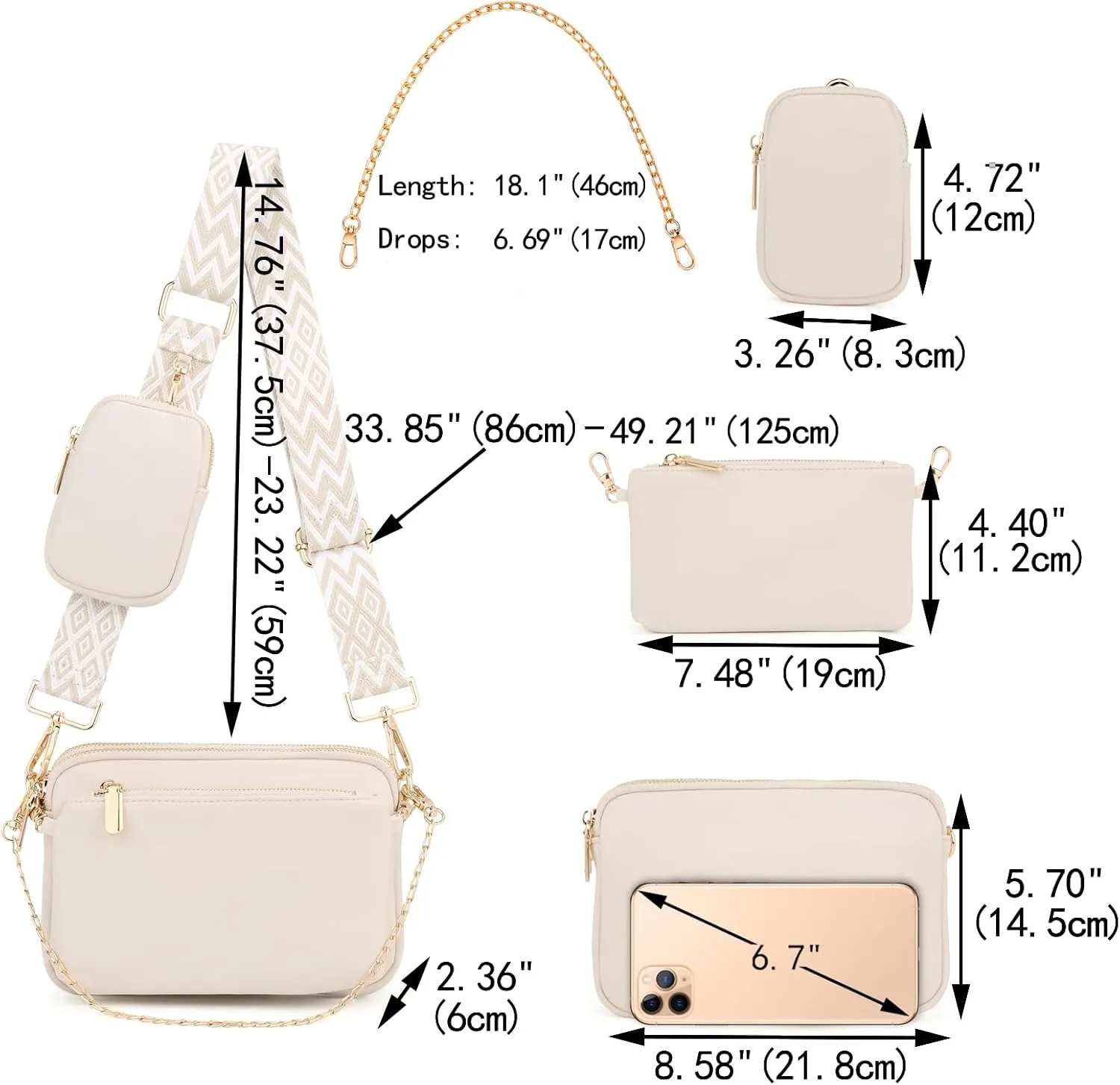 UTO Small Crossbody Bags for Women 3 in 1 Trendy Belt Purse Fashion Designer Mini Cute Sling Fanny Chest Pack