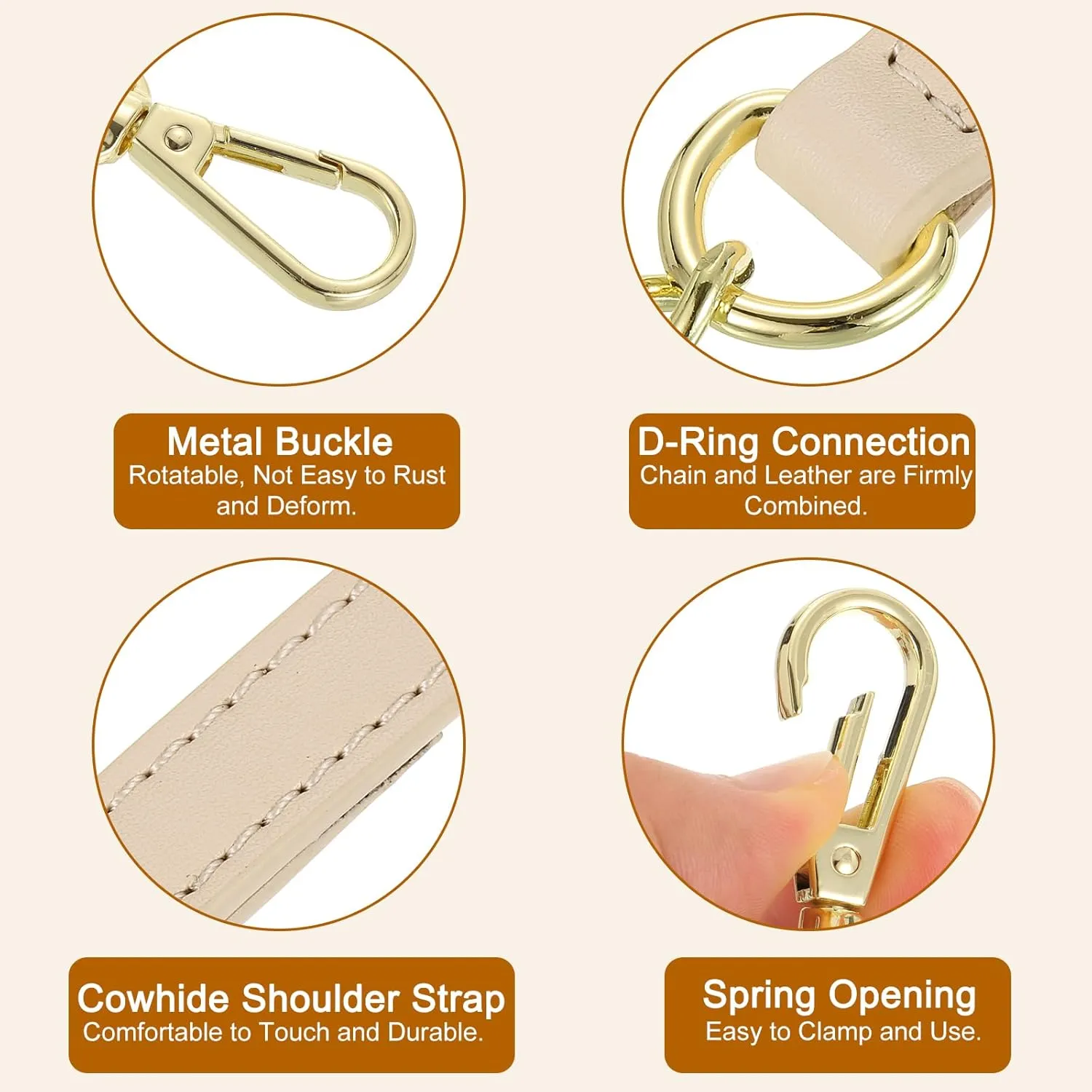 uxcell Adjustable Leather Chain Strap, 49" Genuine Leather Purse Chain Strap Replacement Handles for Women Crossbody Bag Handbag Shoulder Replacement Straps (Light Apricot, Gold Chain)