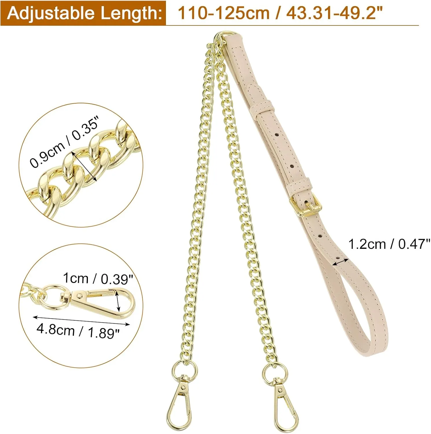 uxcell Adjustable Leather Chain Strap, 49" Genuine Leather Purse Chain Strap Replacement Handles for Women Crossbody Bag Handbag Shoulder Replacement Straps (Light Apricot, Gold Chain)