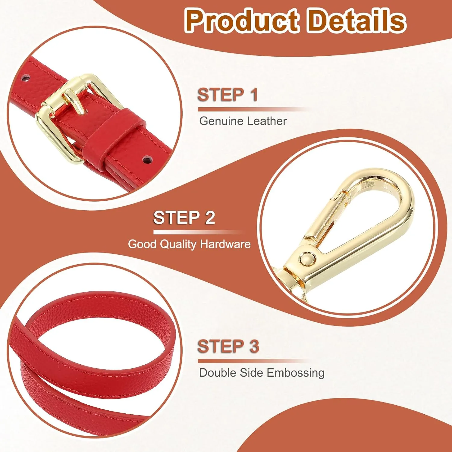 uxcell Genuine Leather Purse Strap, 41.7"-51.2" Adjustable Crossbody Replacement Straps 0.7" Width for Women Handbags Shoulder Bag (Bright Red, Gold Buckle)