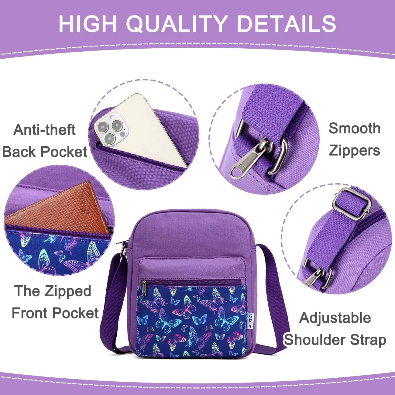 VASCHY Messenger Bag for Girls, Lightweight Canvas Crossbody Bag Purse for Teen Girls Women Fits Water Bottle