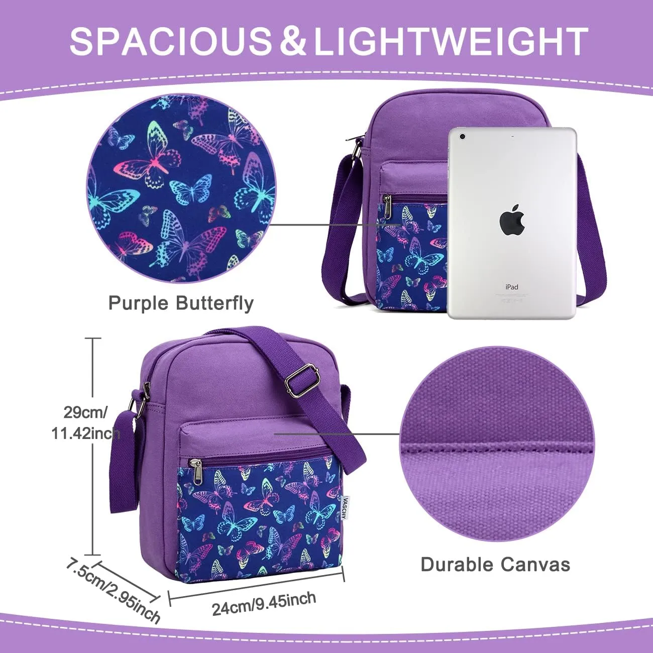 VASCHY Messenger Bag for Girls, Lightweight Canvas Crossbody Bag Purse for Teen Girls Women Fits Water Bottle