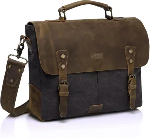 VASCHY Messenger bag for men, Vintage Leather Canvas Satchel 14in Laptop Crossbody Shoulder Bag