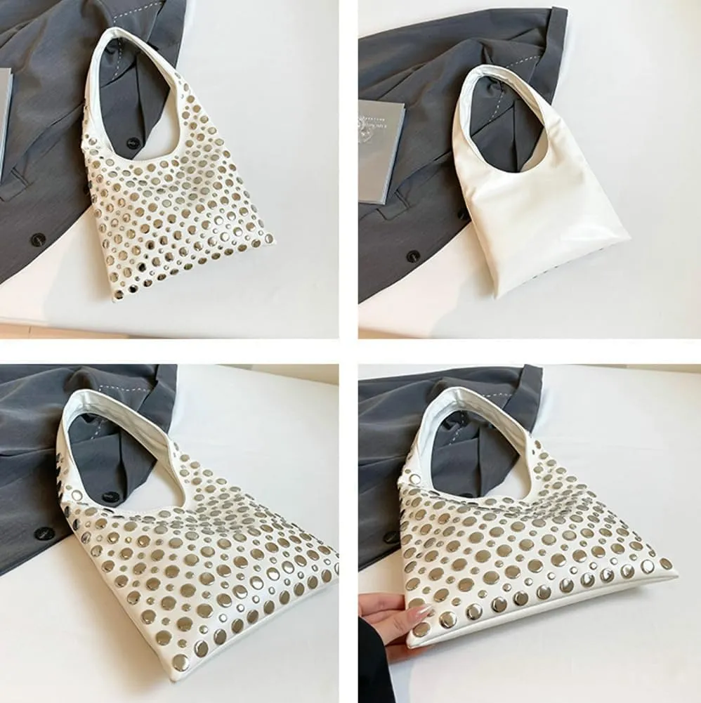 Ventilate Sling Shoulder Bag for Women Rivets Underarm Bucket Bags with Large Capacity Punk Style Causal Hobo Purse