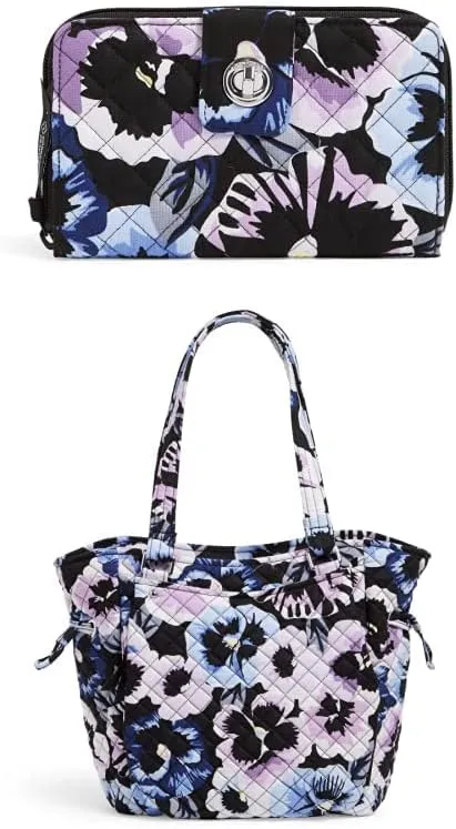 Vera Bradley Women's Cotton Turnlock RFID Protection Wallet & Glenna Satchel, Plum Pansies - Recycled Cotton, One Size