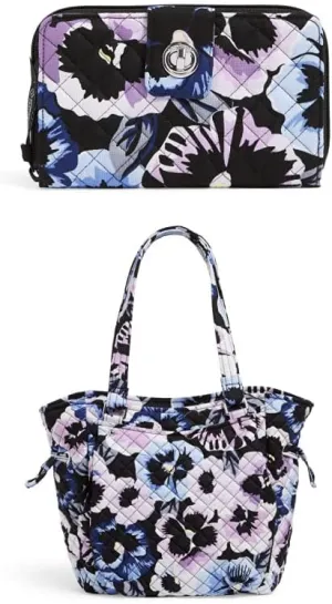 Vera Bradley Women's Cotton Turnlock RFID Protection Wallet & Glenna Satchel, Plum Pansies - Recycled Cotton, One Size