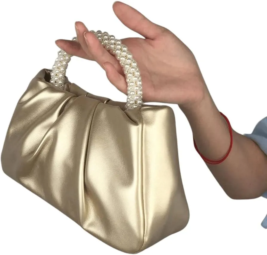 Verdusa Women's Metallic Ruched Clutch Handbag Pearls Top Handle Purse