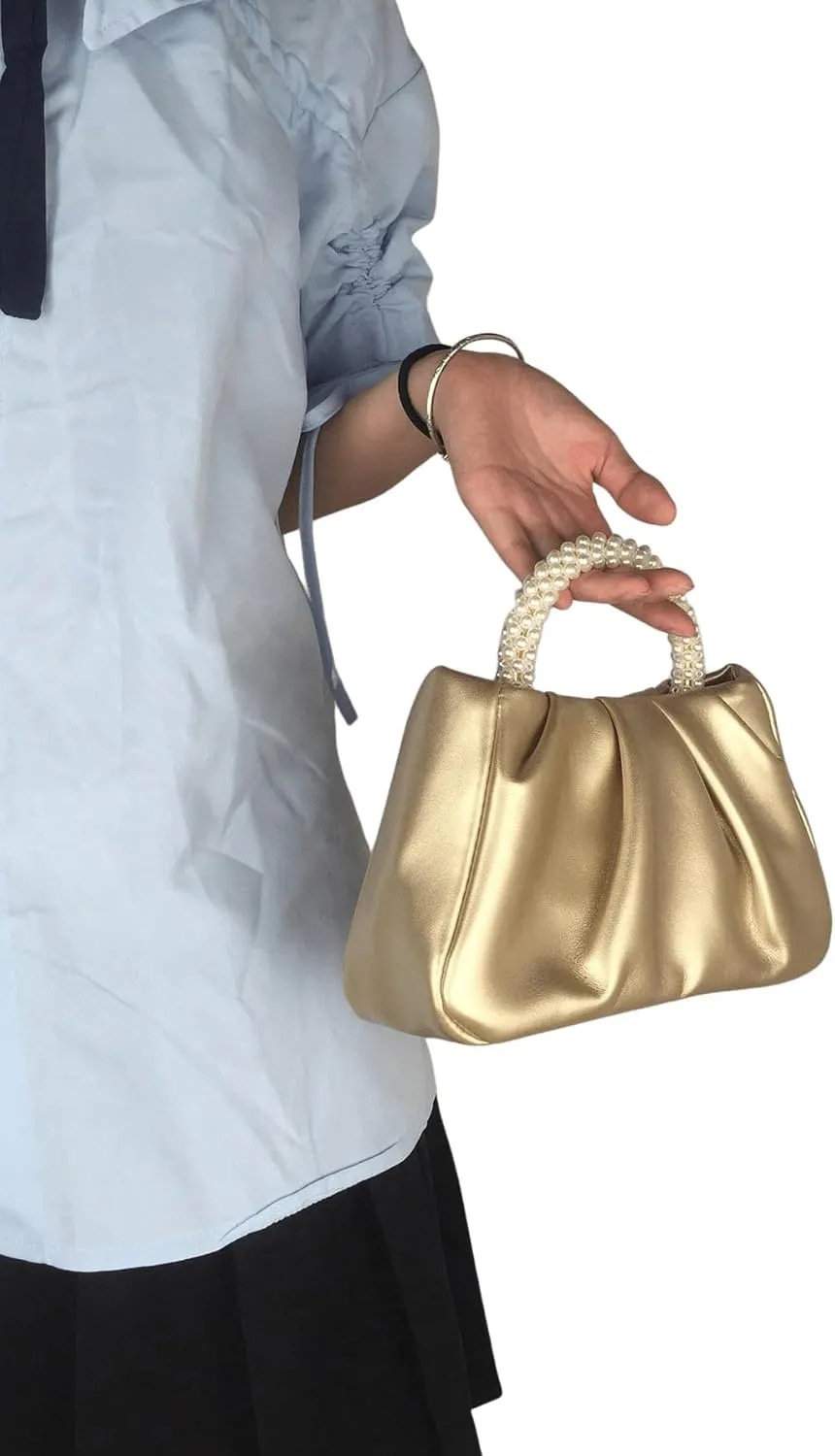 Verdusa Women's Metallic Ruched Clutch Handbag Pearls Top Handle Purse