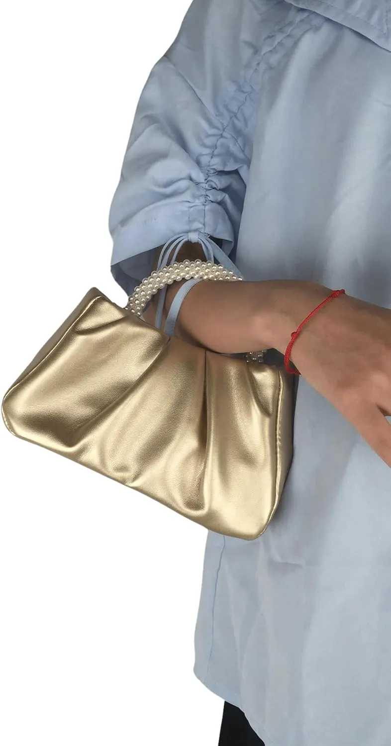 Verdusa Women's Metallic Ruched Clutch Handbag Pearls Top Handle Purse