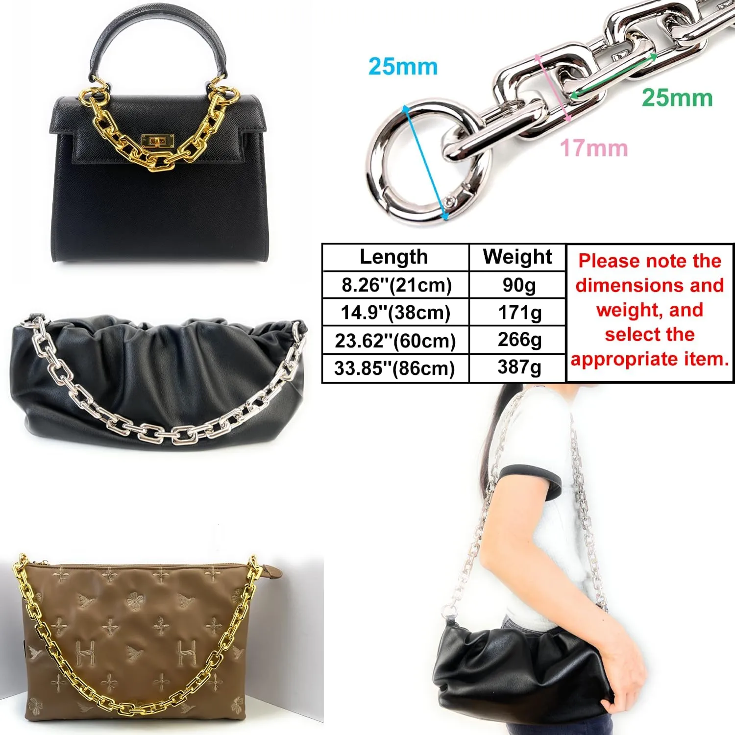 VersaKits Heavy Chunky Link Chain Strap Purse Handbag Top Handle Shoulder Straps Accessories Decoration Chain Strap Extender Charms Replacement(23.62'' Metallic Black)