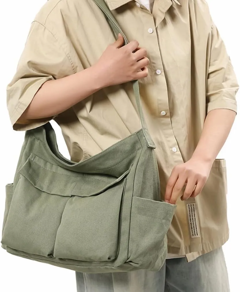 Vintage Canvas Messenger Bag for Women & Men School Large Laptop Bag with Multiple Pockets Shoulder Tote Bag
