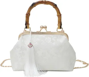 Vintage Embroidered Flower Handbag, Flower Embroidery Rustic Shoulder Bag, Kiss Lock Closure Bag for Women