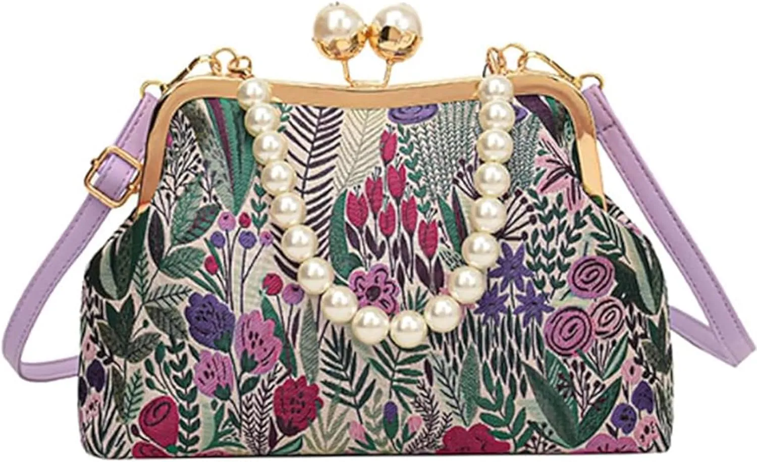 Vintage Embroidered Flower Handbag, Flower Embroidery Rustic Shoulder Bag, Kiss Lock Purses for Evening & Special Occasions