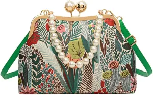 Vintage Embroidered Flower Handbag, Flower Embroidery Rustic Shoulder Bag, Kiss Lock Purses for Evening & Special Occasions