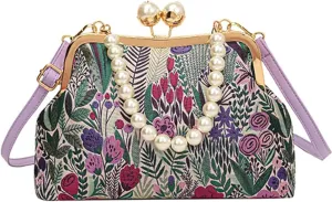 Vintage Embroidered Flower Handbag, Flower Embroidery Rustic Shoulder Bag, Kiss Lock Purses for Evening & Special Occasions