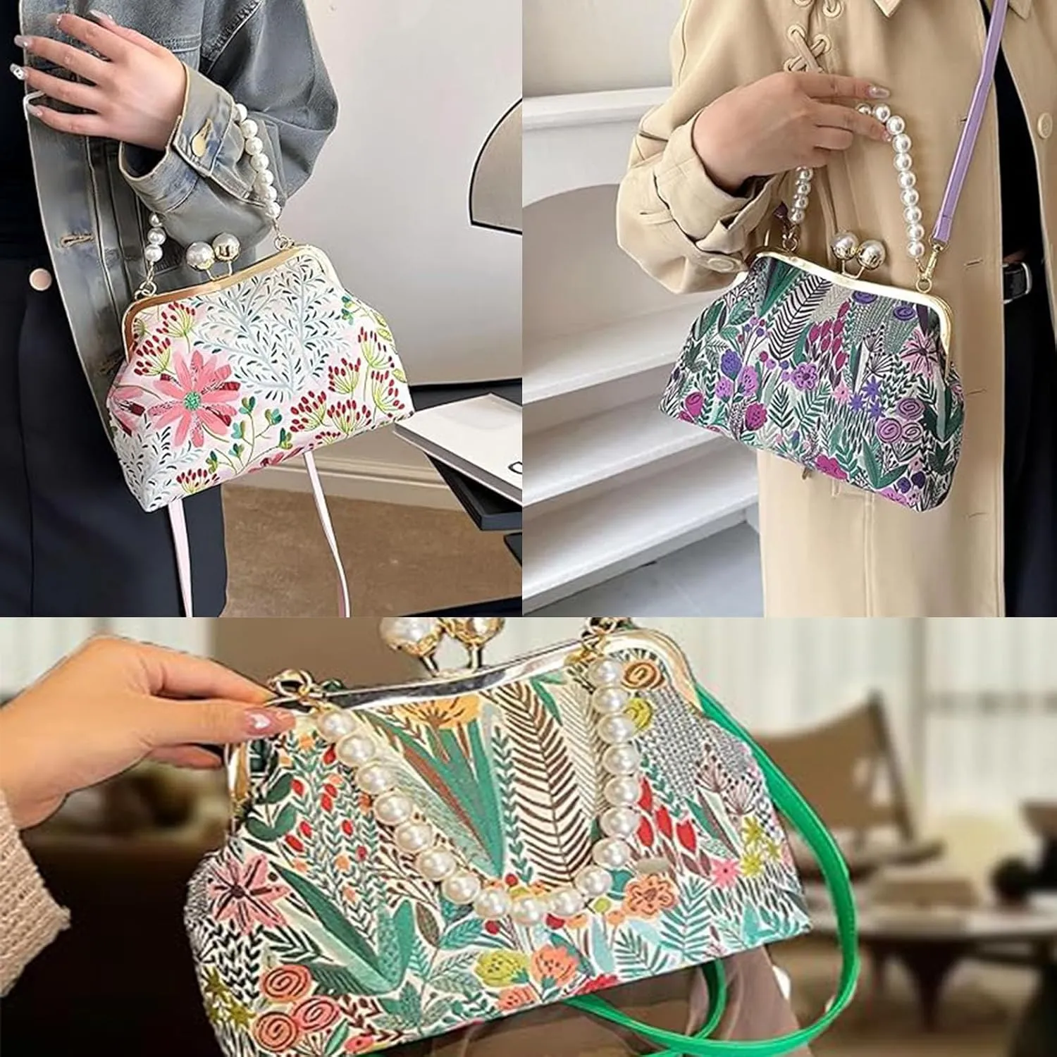 Vintage Embroidered Flower Handbag, Flower Embroidery Rustic Shoulder Bag, Kiss Lock Purses for Evening & Special Occasions