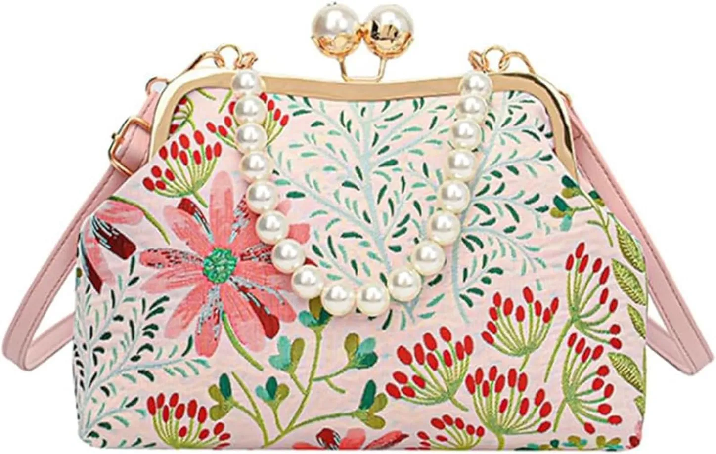 Vintage Embroidered Flower Handbag, Flower Embroidery Rustic Shoulder Bag, Kiss Lock Purses for Evening & Special Occasions