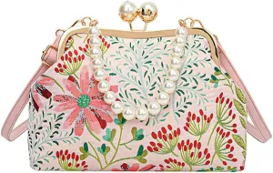 Vintage Embroidered Flower Handbag, Flower Embroidery Rustic Shoulder Bag, Kiss Lock Purses for Evening & Special Occasions