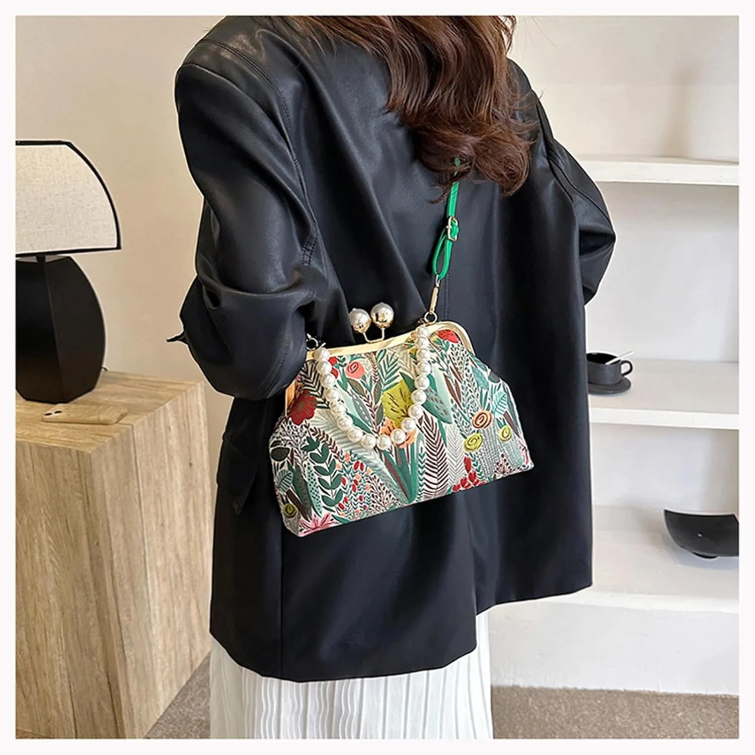 Vintage Embroidered Flower Handbag, Rustic Shoulder Bag with Pearl Kiss Lock Closure & Removable Strap for Women
