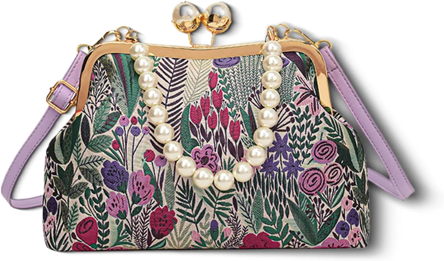 Vintage Embroidered Flower Handbag, Rustic Shoulder Bag with Pearl Kiss Lock Closure & Removable Strap for Women
