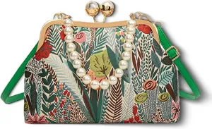 Vintage Embroidered Flower Handbag, Rustic Shoulder Bag with Pearl Kiss Lock Closure & Removable Strap for Women
