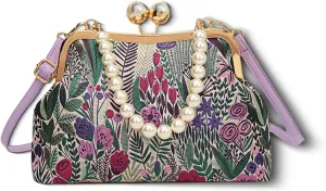 Vintage Embroidered Flower Handbag, Rustic Shoulder Bag with Pearl Kiss Lock Closure & Removable Strap for Women