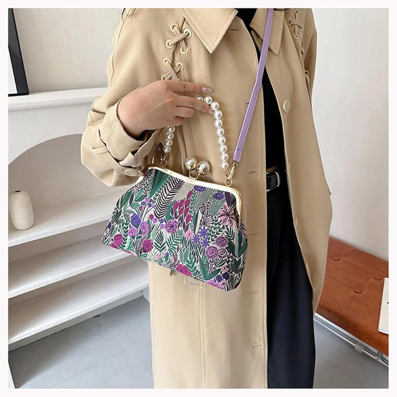 Vintage Embroidered Flower Handbag, Rustic Shoulder Bag with Pearl Kiss Lock Closure & Removable Strap for Women